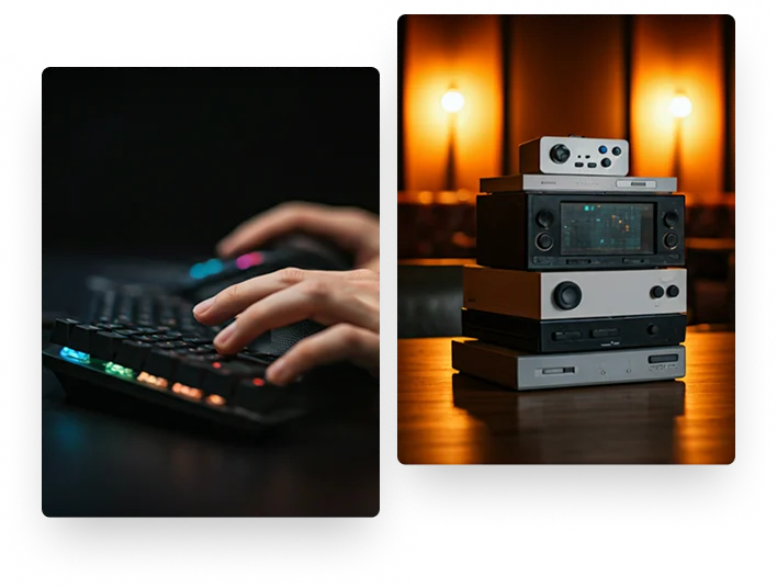 Stosy sprzętu audio w stylu retro ustawione na drewnianym stole z ciepłym, nastrojowym oświetleniem w ciemnym, studyjnym wnętrzu.